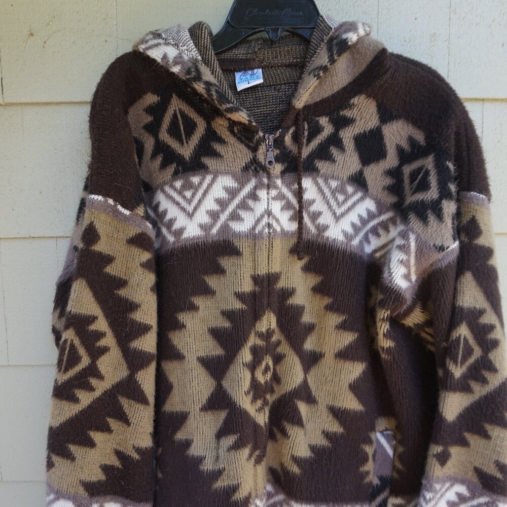 Wool Hoodie Made in Equador Aztec Pattern Earth Tones Full Zip VGUC Size L